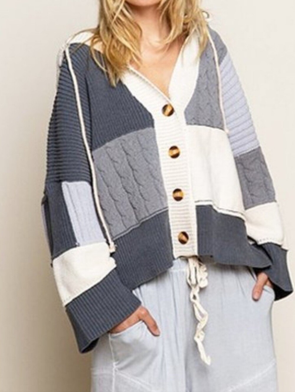POL Colorblock Hooded Knit Cardigan Sweater - Cream & Gray Brand New